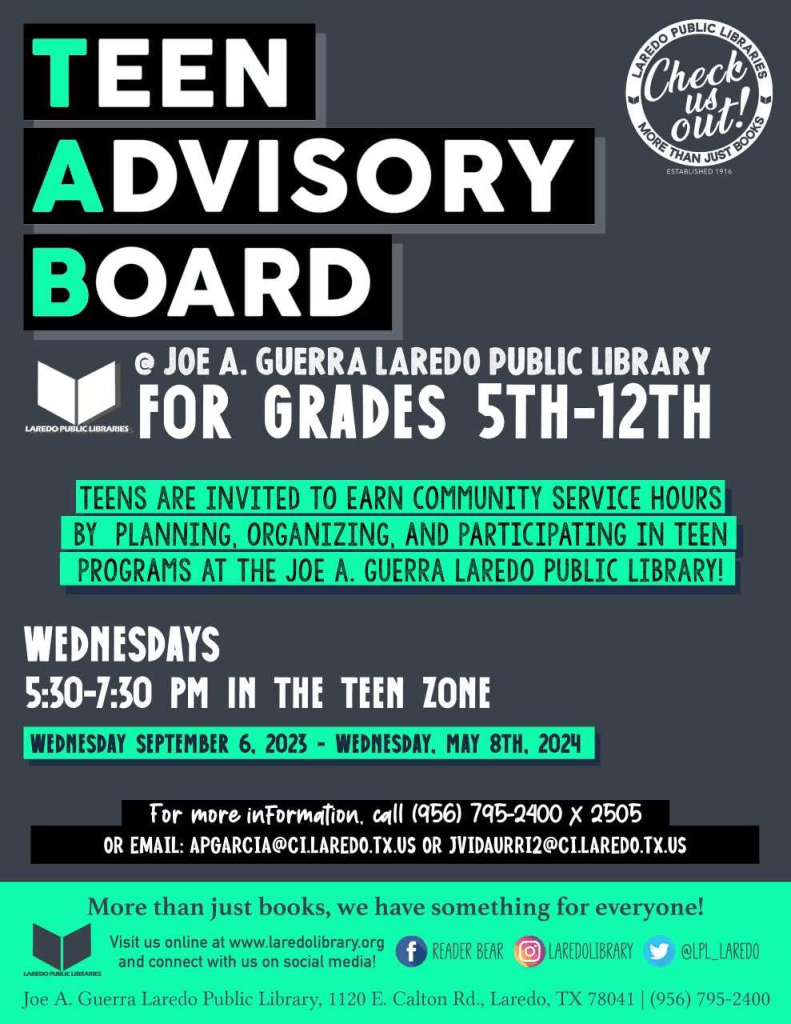 Teen Advisory Board: Earn community service hours through weekly activities. Wednesdays 5:30-7:30 starting Sept. 6th. Registration required.
