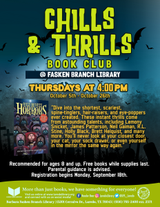 Chills & Thrills Book Club Registration Begins! @ Barbara Fasken Branch Library